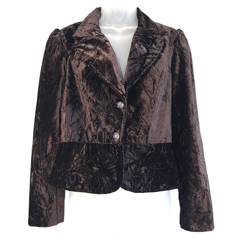 Vtg Made in USA Brown Velvet Jacket Blazer Sz L Puff Sleeve Fairy Grunge